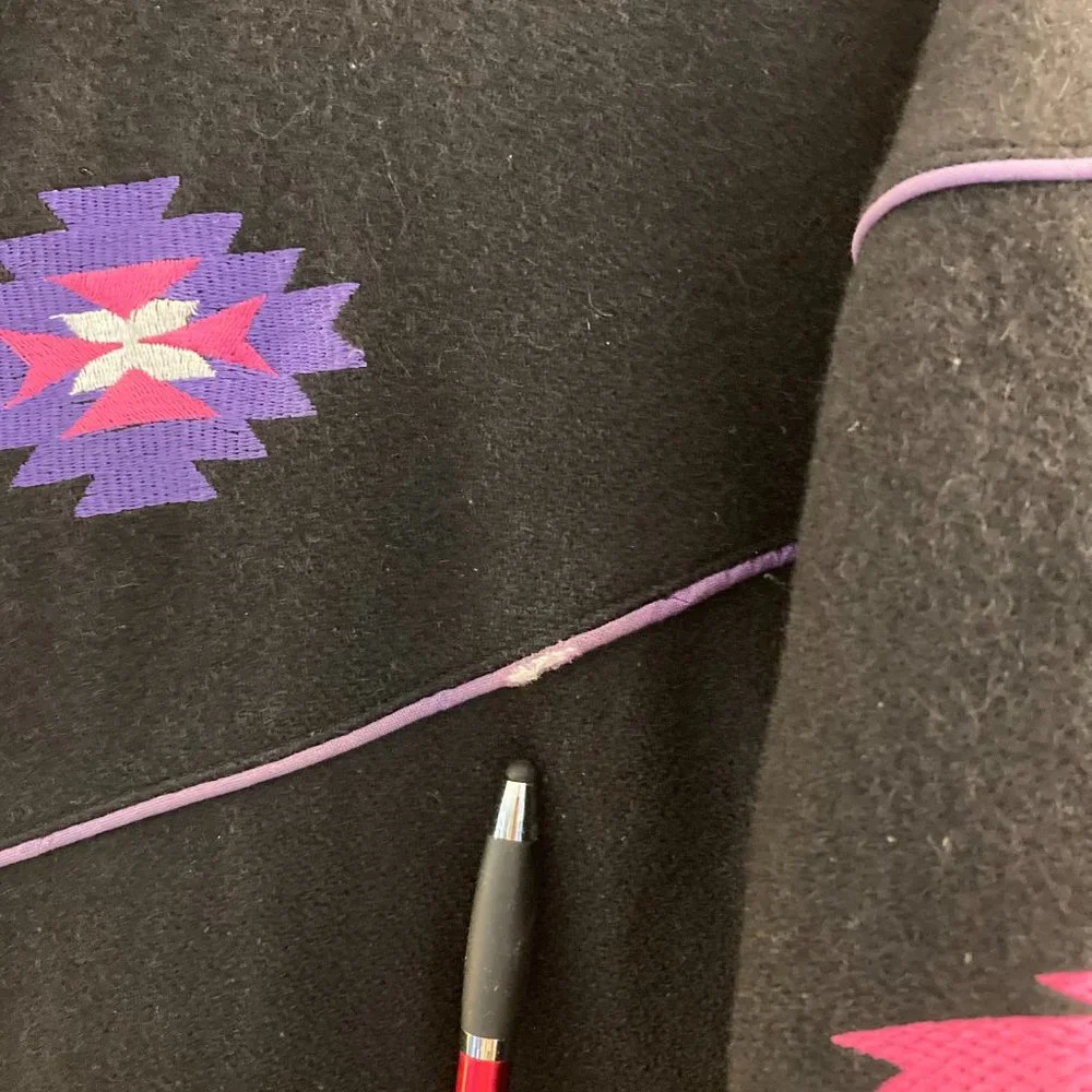 Black Wool Leather Bomber Vtg Jacket Southwest Graphic made in Canada - Picture 16 of 16